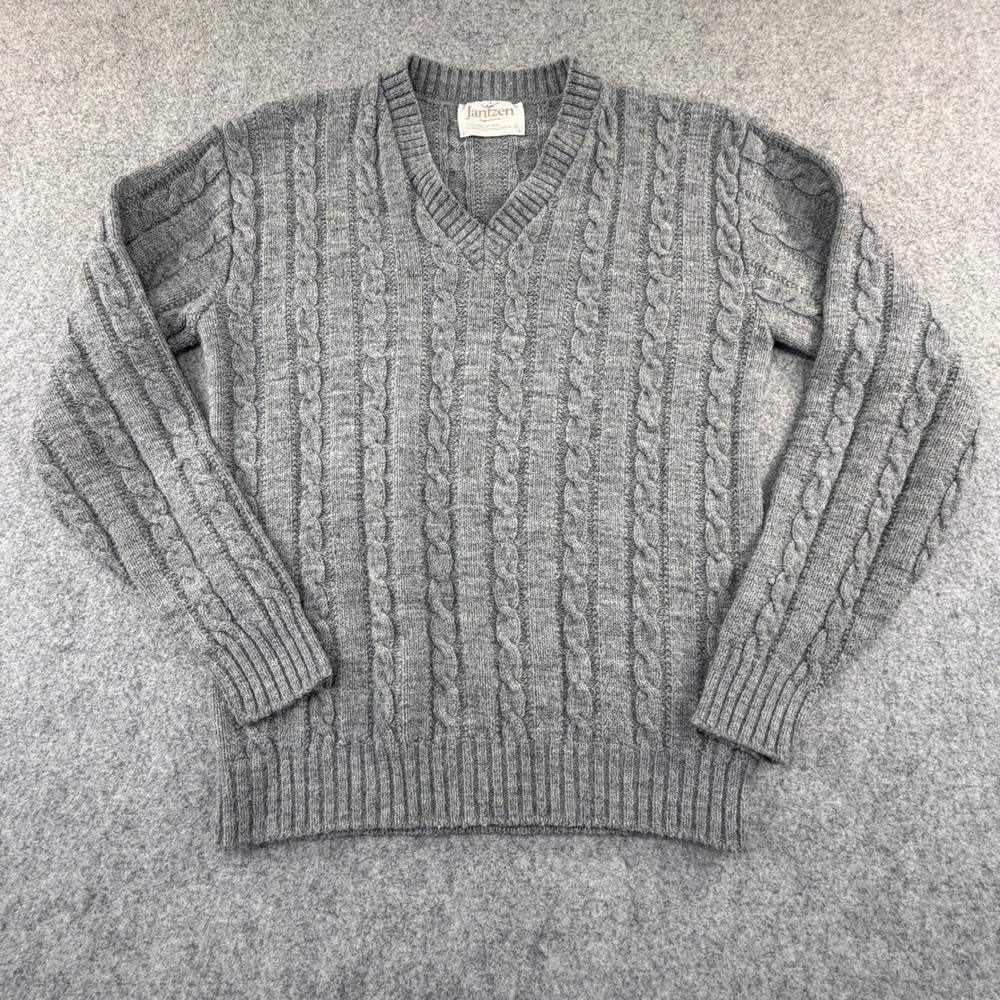 Vintage Jantzen Cable Knit Sweater Gray V-Neck Made in USA XL Preppy Academic